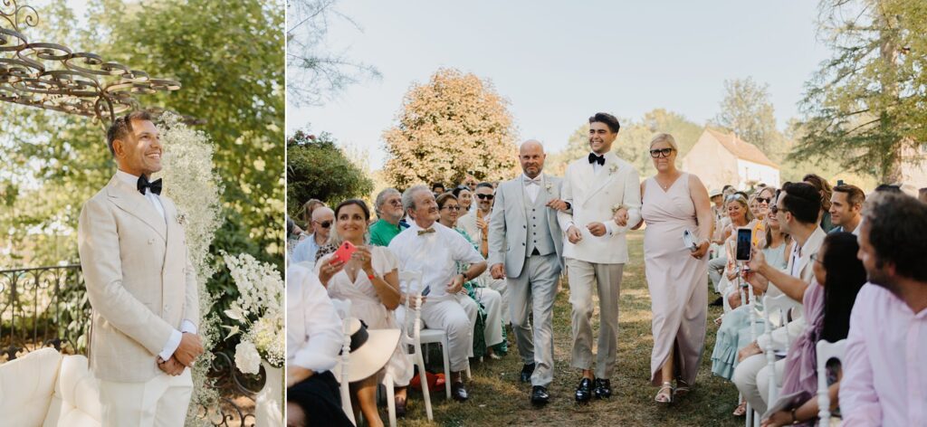 Arrivée du marié avec ses parents lors d'une cérémonie laique au Domaine de la Fauconnie en Dordogne par la photographe de mariage Jade Sequeval