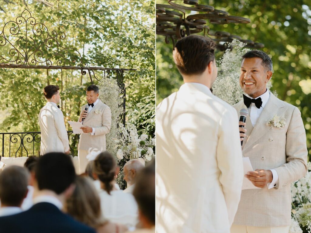 Photos émouvantes du discours des mariés lors d'une cérémonie laique au Domaine de la Fauconnie en Dordogne par la photographe de mariage Jade Sequeval