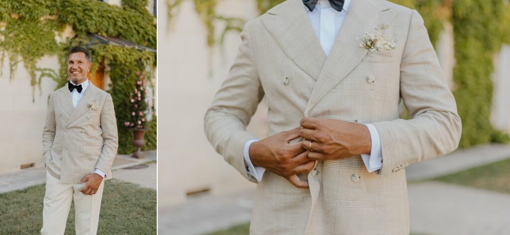 Portraits et détails du costume du marié devant la façade du Domaine de la Fauconnie par la photographe de mariage Jade Sequeval