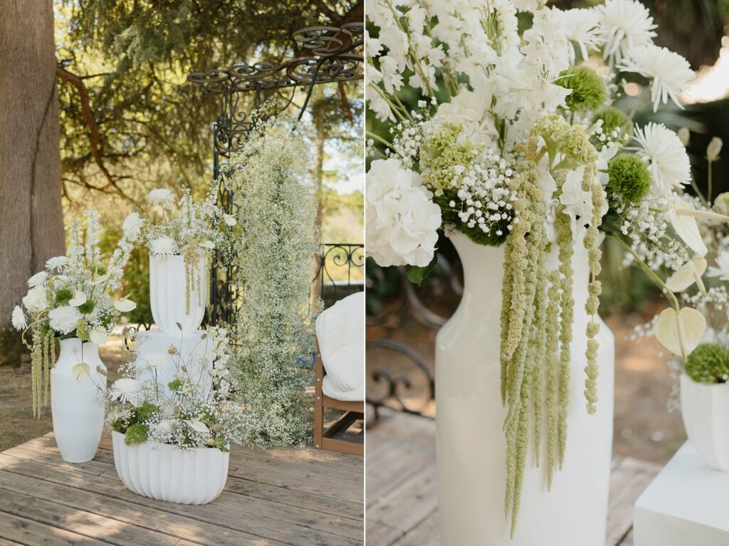 Décoration florale de mariage en vert et blanc par les fleuristes de ArtMania Fleurs