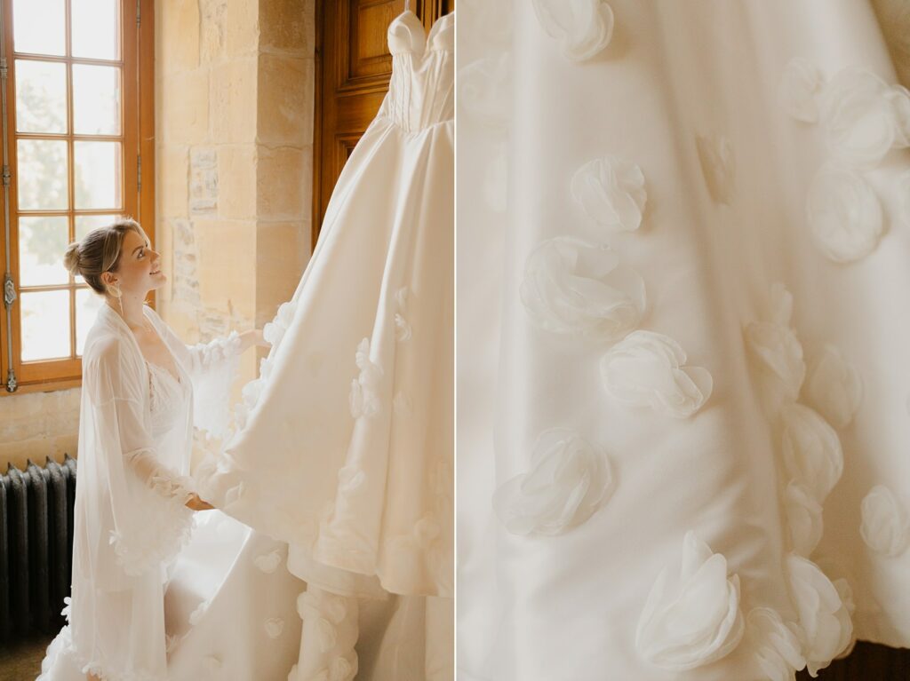 Bride admiring her wedding dress at Domaine d'Essendieras by Jade Sequeval French Photographer