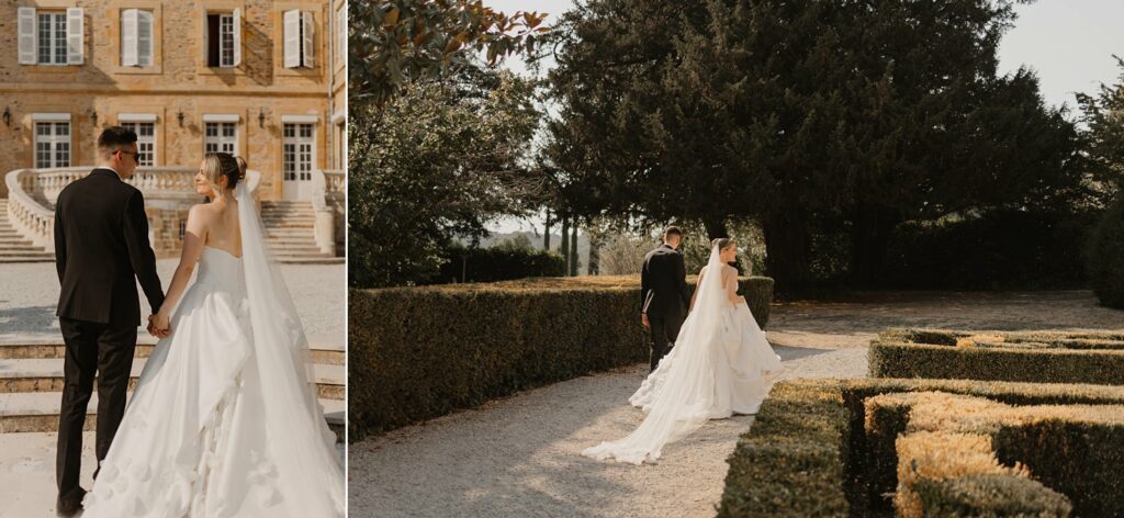 Bride and groom enjoying the gardens Domaine d'Essendieras by Jade Sequeval French Photographer