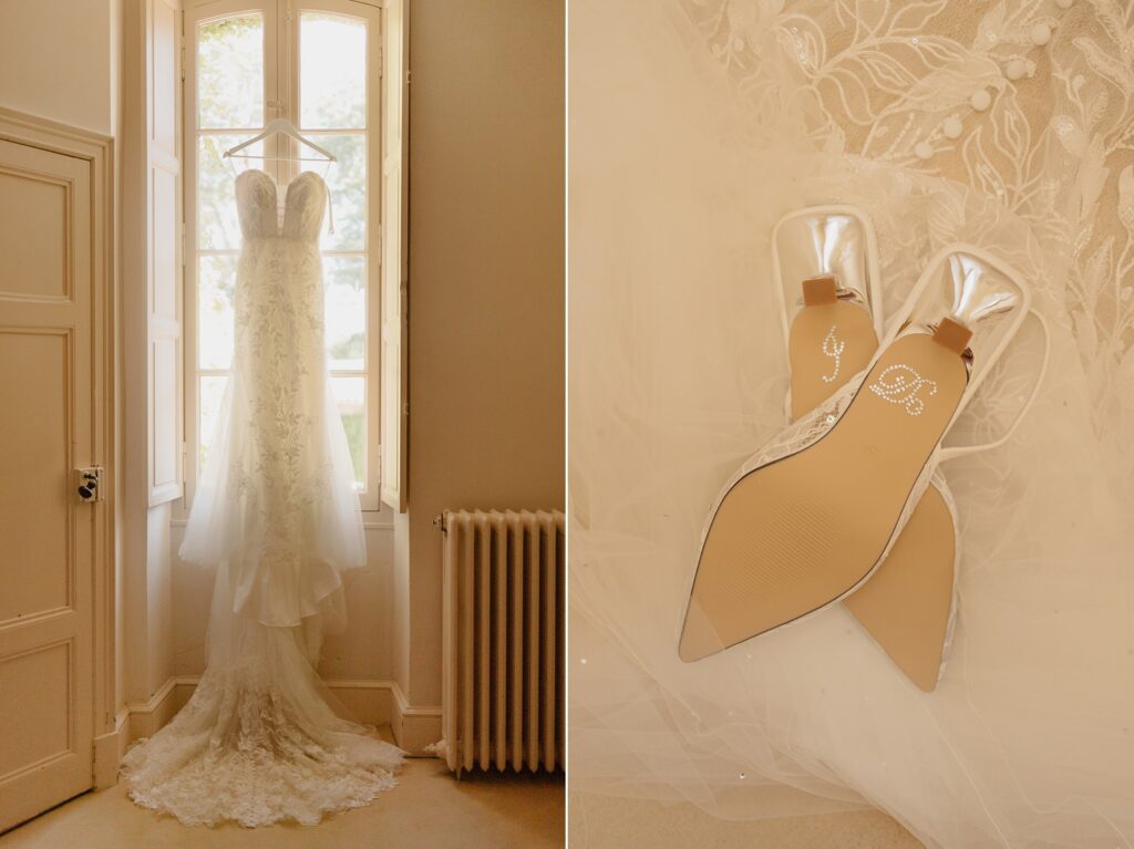 Wedding gown and shoes at Chateau de Malliac - photo by Jade Sequeval wedding Photographer in South West France