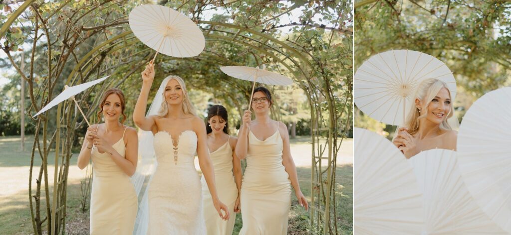 Bridesmaids and parasols at Chateau de Malliac - photo by Jade Sequeval wedding Photographer in South West France