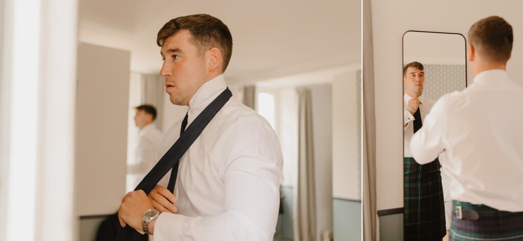 Groom getting ready on his wedding day at Chateau Réal - photo by Jade Sequeval wedding Photographer in Bordeaux