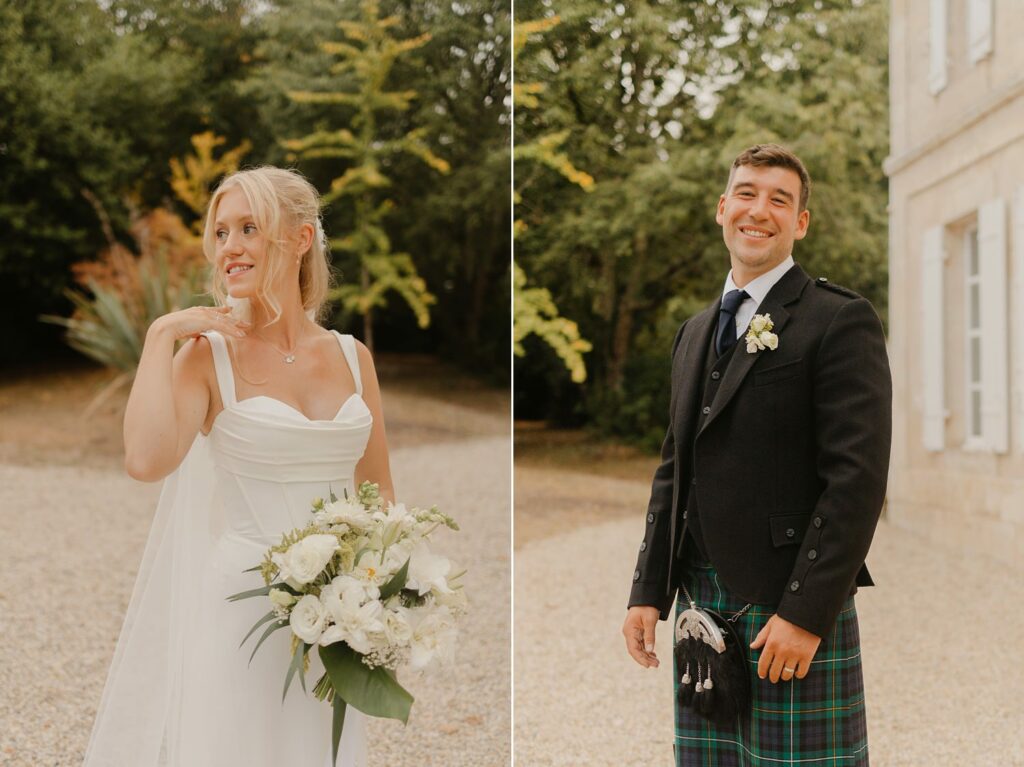 Scottish Bride and Groom portraits in front of the facade of Chateau Réal by Jade Sequeval wedding Photographer in Bordeaux
